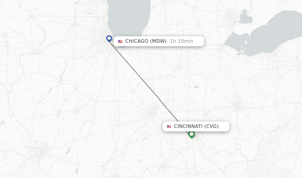Flights from Cincinnati to Chicago route map