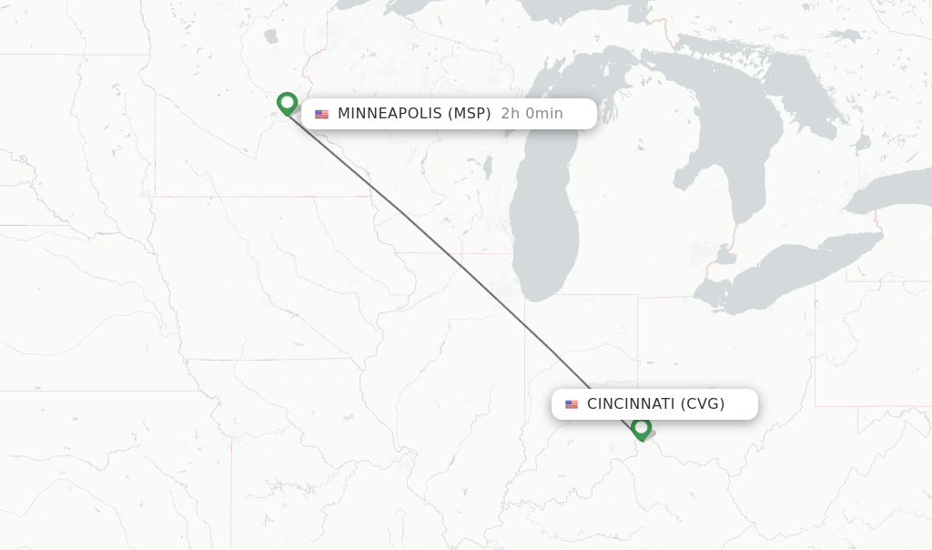Flights from Cincinnati to Minneapolis route map