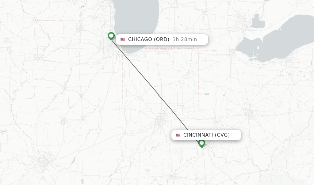 Flights from Cincinnati to Chicago route map