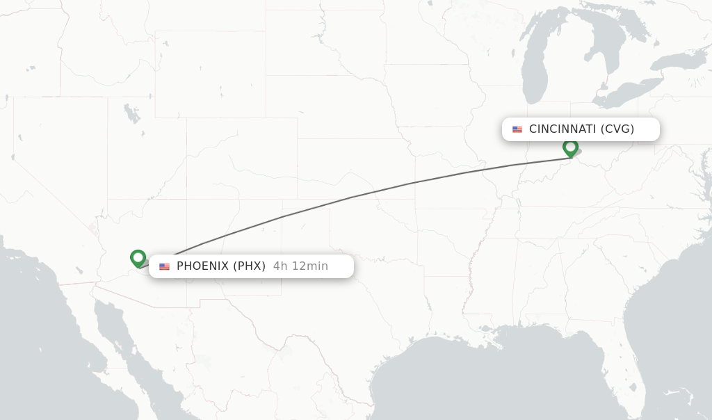 Flights from Cincinnati to Phoenix route map