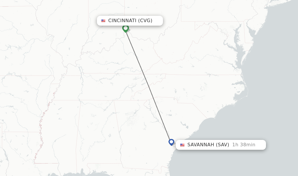 Flights from Cincinnati to Savannah route map