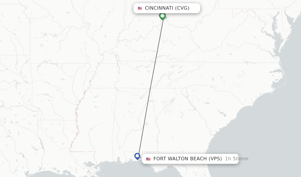 Flights from Cincinnati to Fort Walton Beach route map