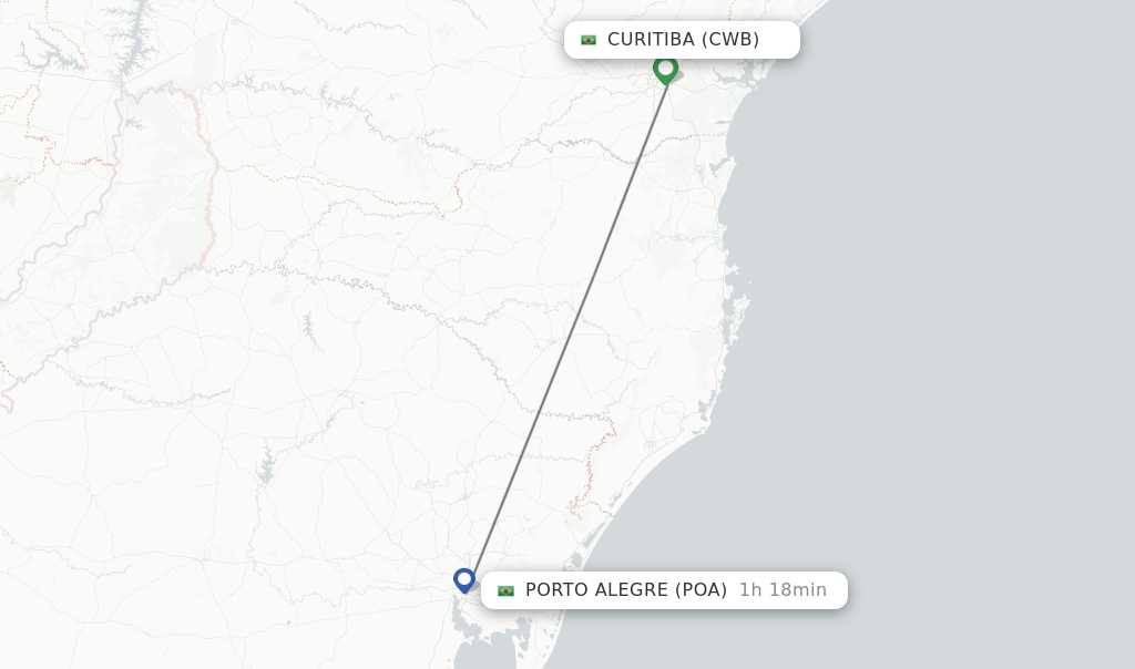 Flights from Curitiba to Porto Alegre route map