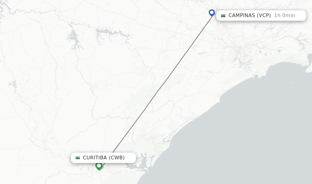 Flights from Curitiba to Campinas route map