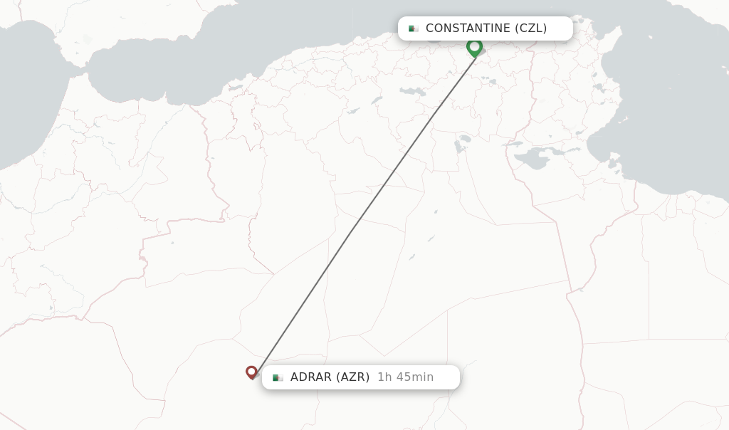 Flights from Constantine to Adrar route map
