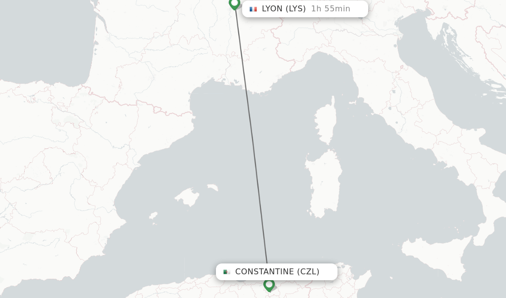 Flights from Constantine to Lyon route map