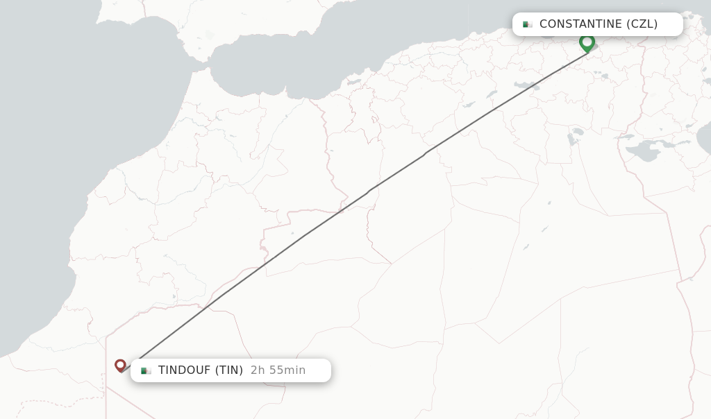 Flights from Constantine to Tindouf route map