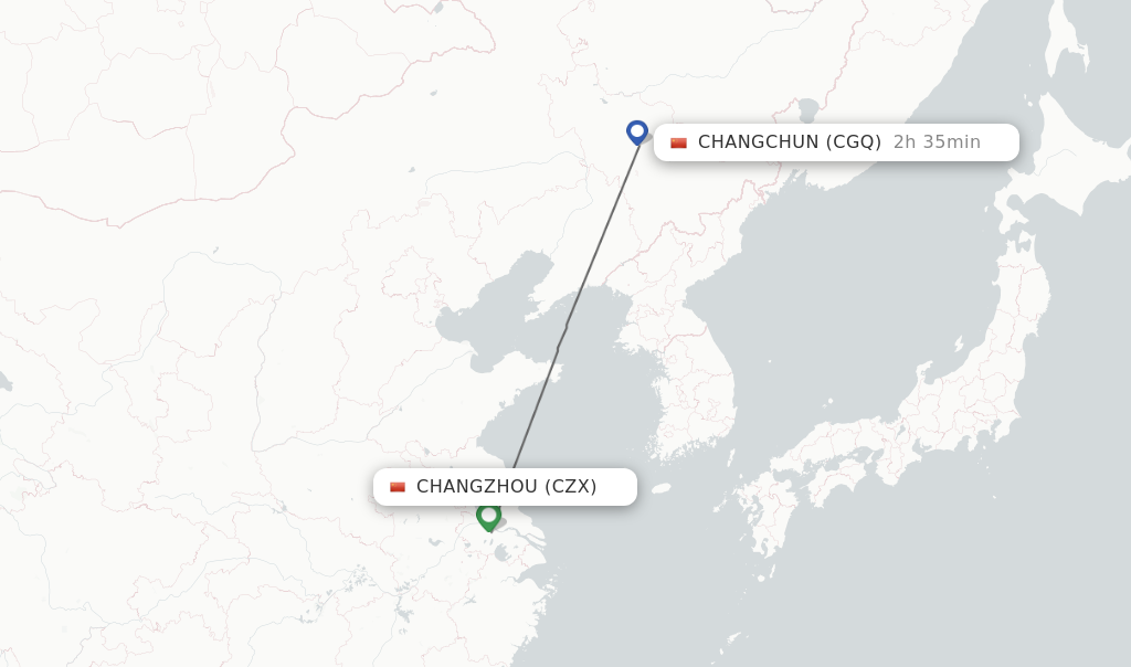 Flights from Changzhou to Changchun route map