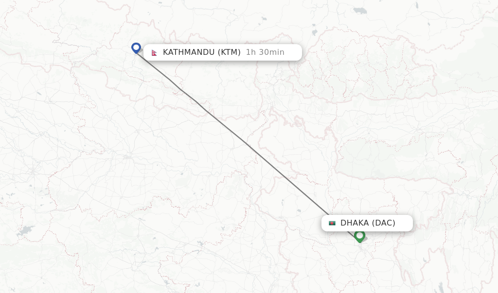 Flights from Dhaka to Kathmandu route map