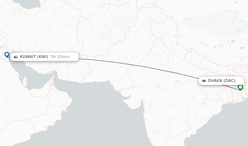Flights from Dhaka to Kuwait route map