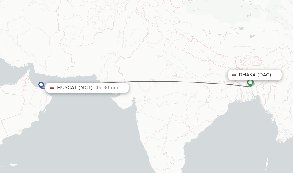 Flights from Dhaka to Muscat route map