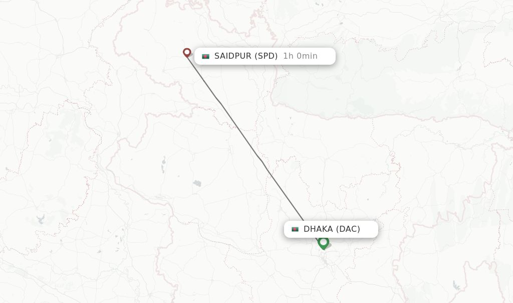 Flights from Dhaka to Saidpur route map
