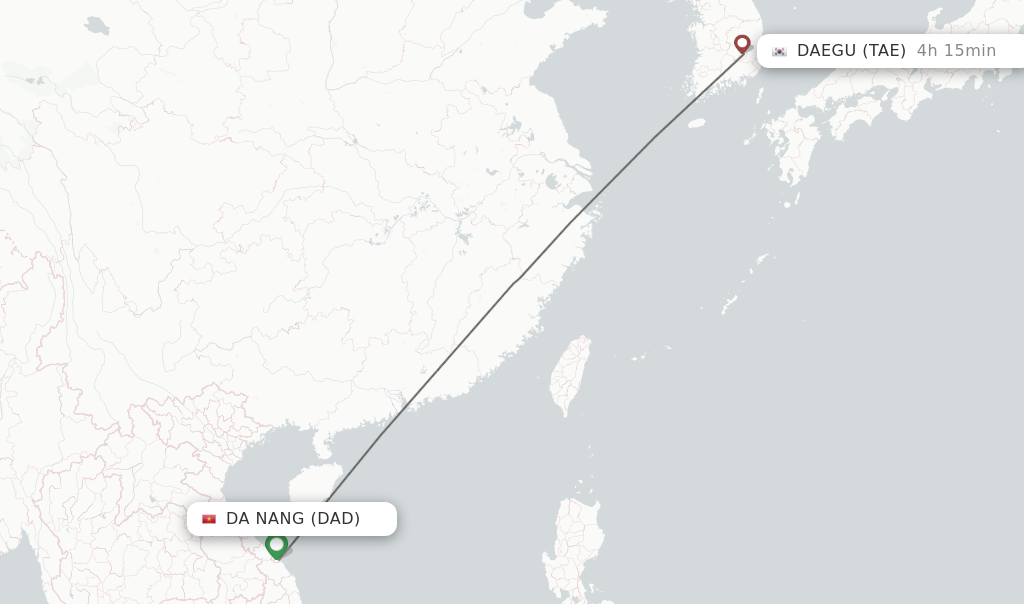 Flights from Da Nang to Daegu route map