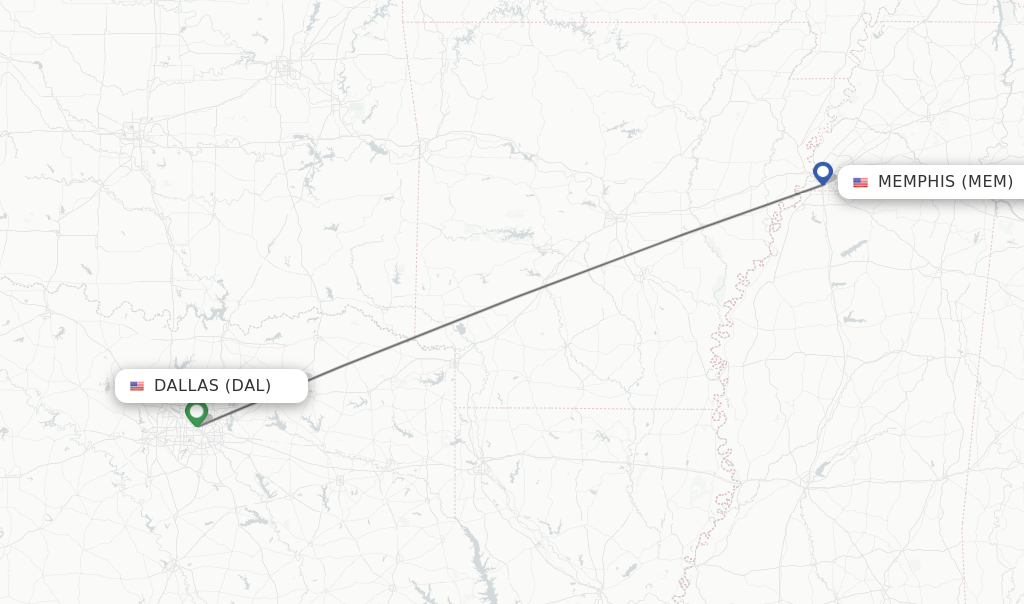 Flights from Dallas to Memphis route map