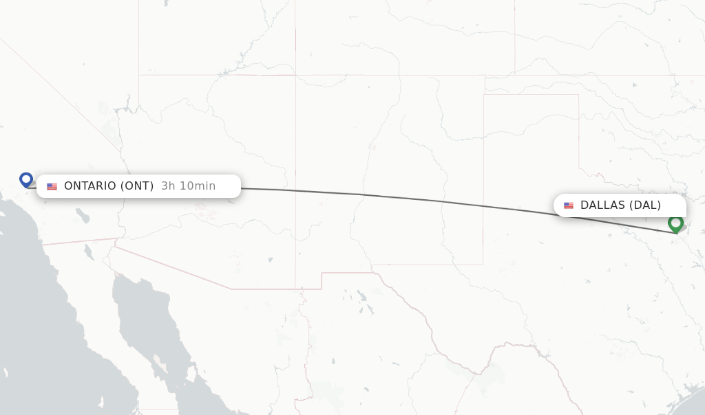 Flights from Dallas to Ontario route map