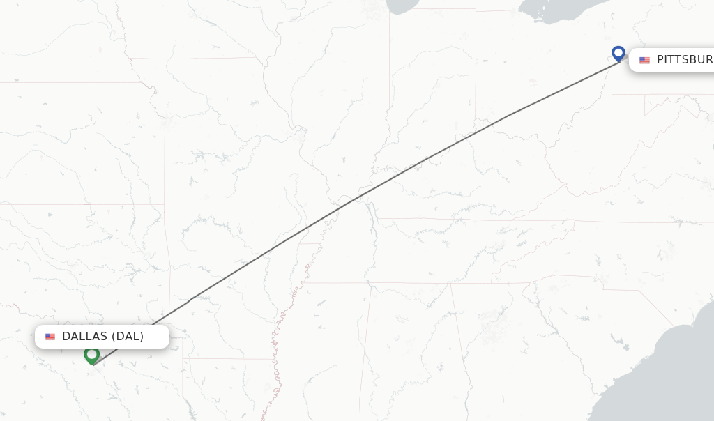 Flights from Dallas to Pittsburgh route map
