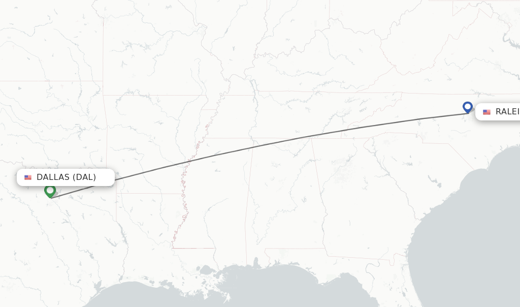 Flights from Dallas to Raleigh/Durham route map