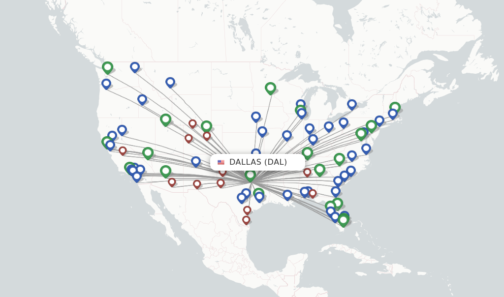 Route map with flights from Dallas with Southwest