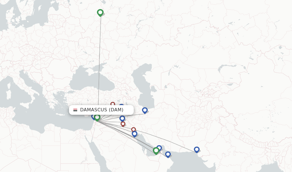 Flights from Damascus to Islamabad route map