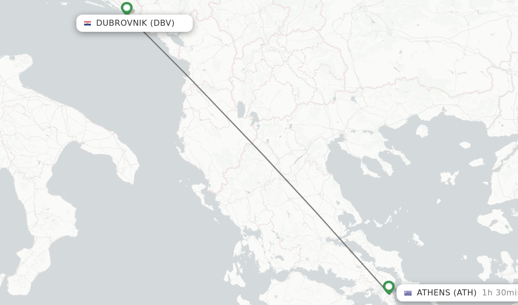 Flights from Dubrovnik to Athens route map