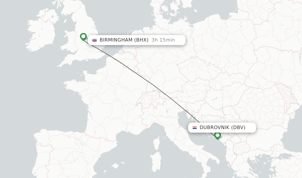 Flights from Dubrovnik to Birmingham route map