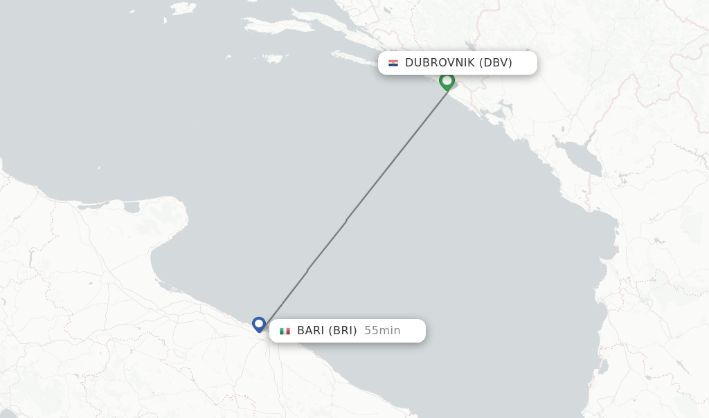 Flights from Dubrovnik to Bari route map