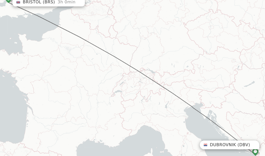 Flights from Dubrovnik to Bristol route map