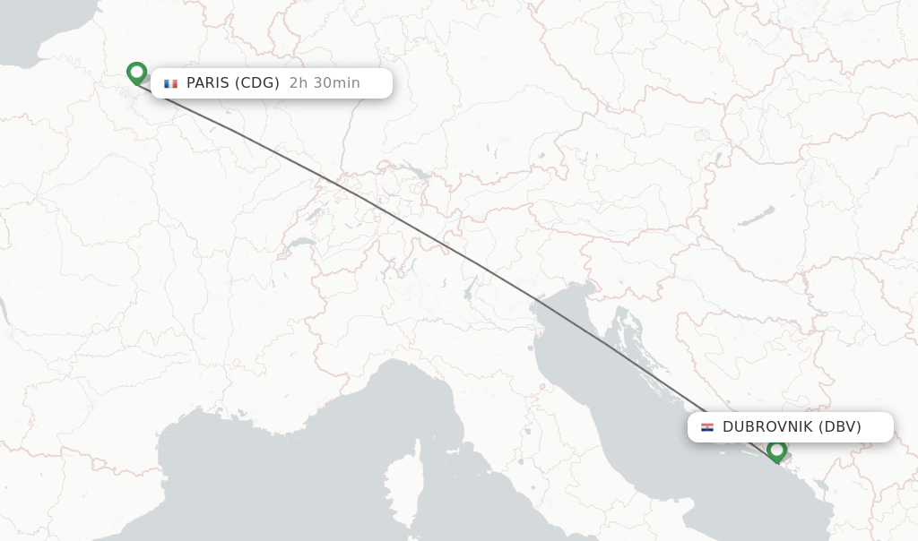 Flights from Dubrovnik to Paris route map