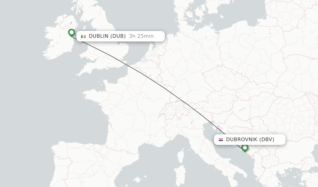 Flights from Dubrovnik to Dublin route map