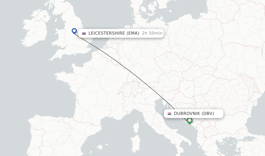 Flights from Dubrovnik to Leicestershire route map