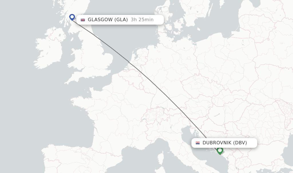 Flights from Dubrovnik to Glasgow route map