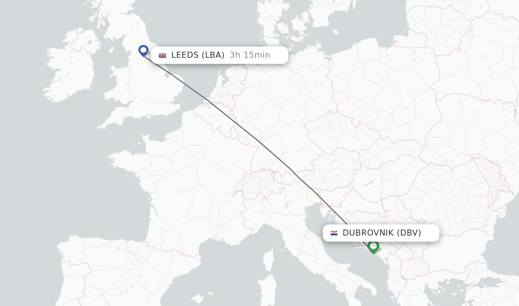 Flights from Dubrovnik to Leeds route map