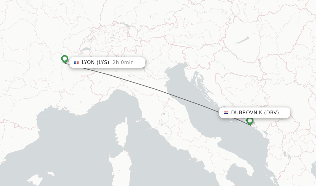 Flights from Dubrovnik to Lyon route map