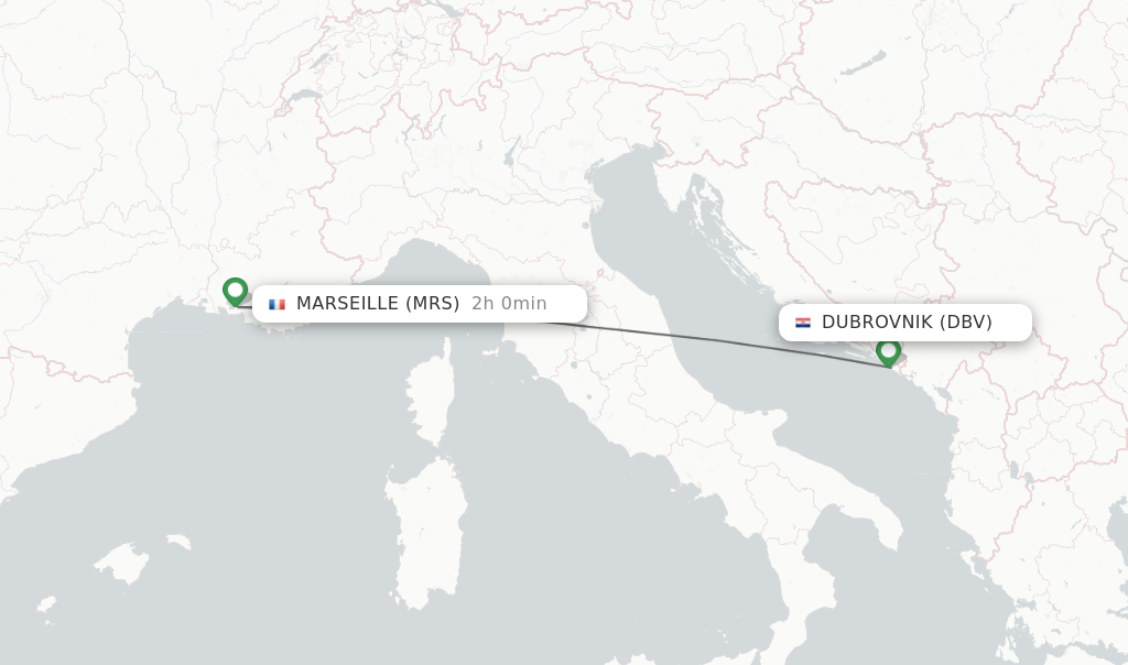 Flights from Dubrovnik to Marseille route map