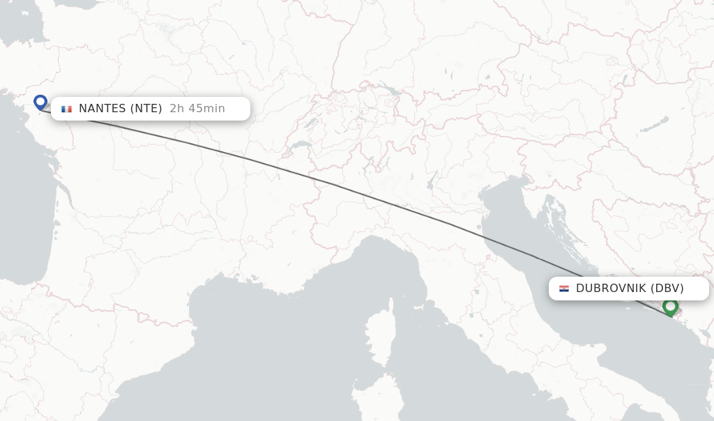 Flights from Dubrovnik to Nantes route map