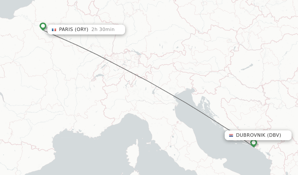 Flights from Dubrovnik to Paris route map