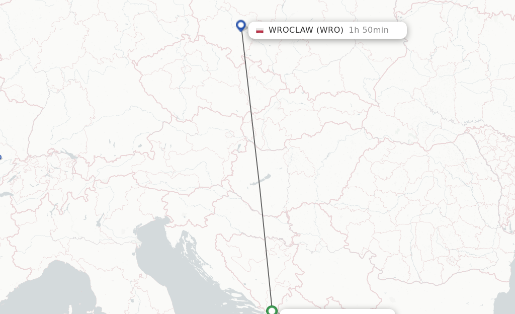 Flights from Dubrovnik to Wroclaw route map