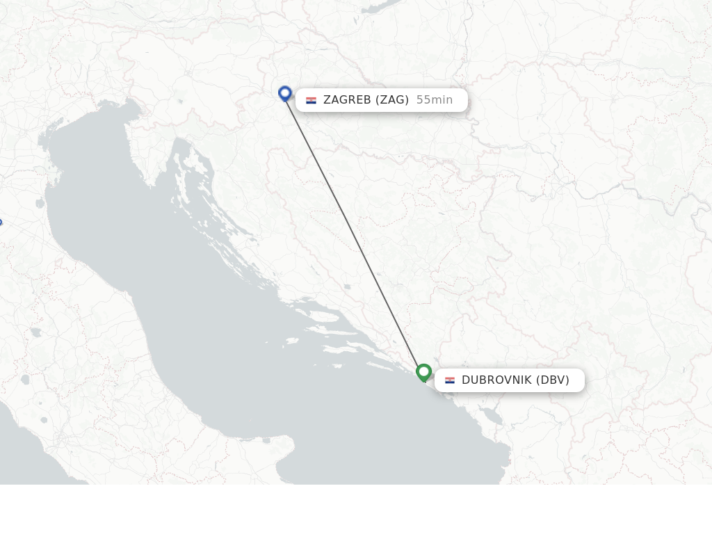 Flights from Dubrovnik to Zagreb route map