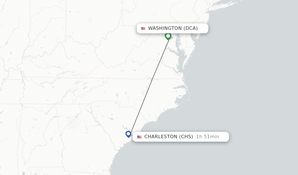 Flights from Washington to Charleston route map