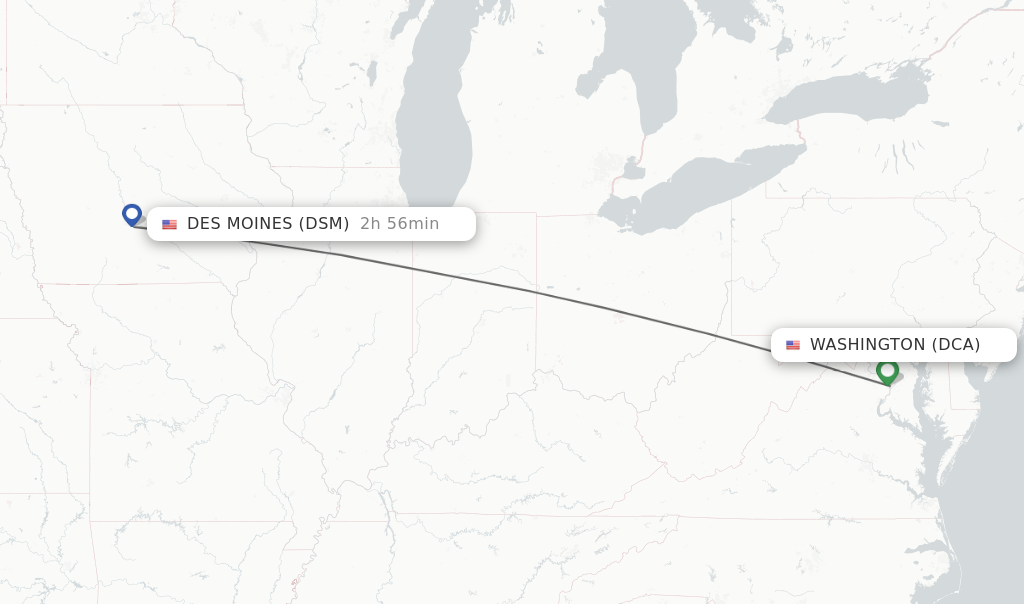 Flights from Washington to Des Moines route map