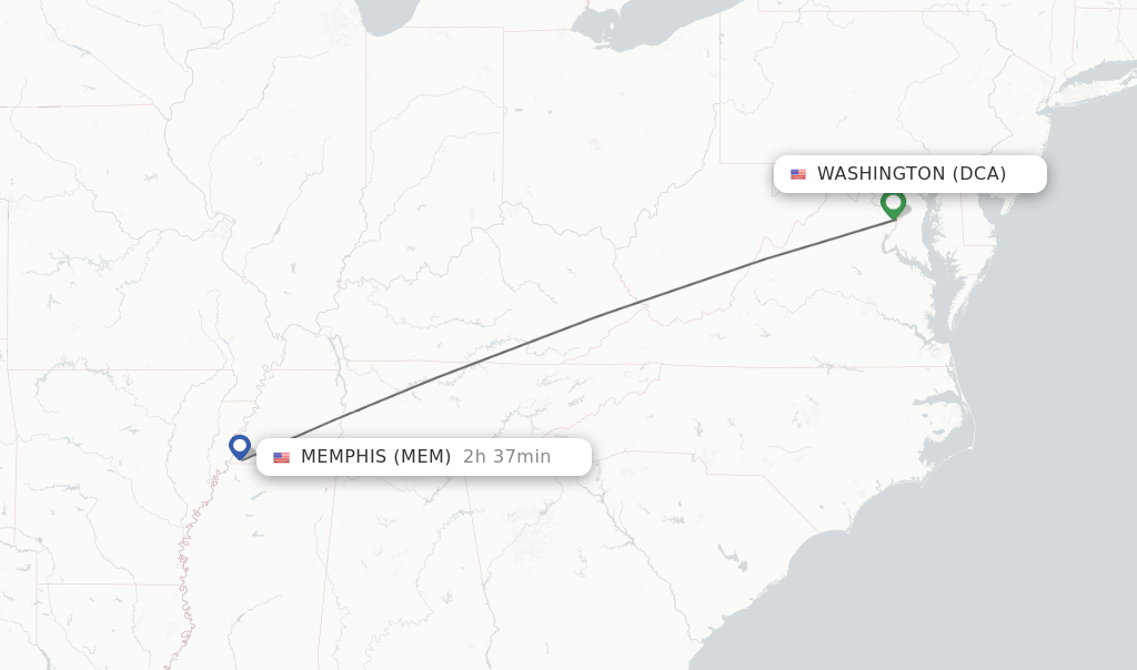 Flights from Washington to Memphis route map