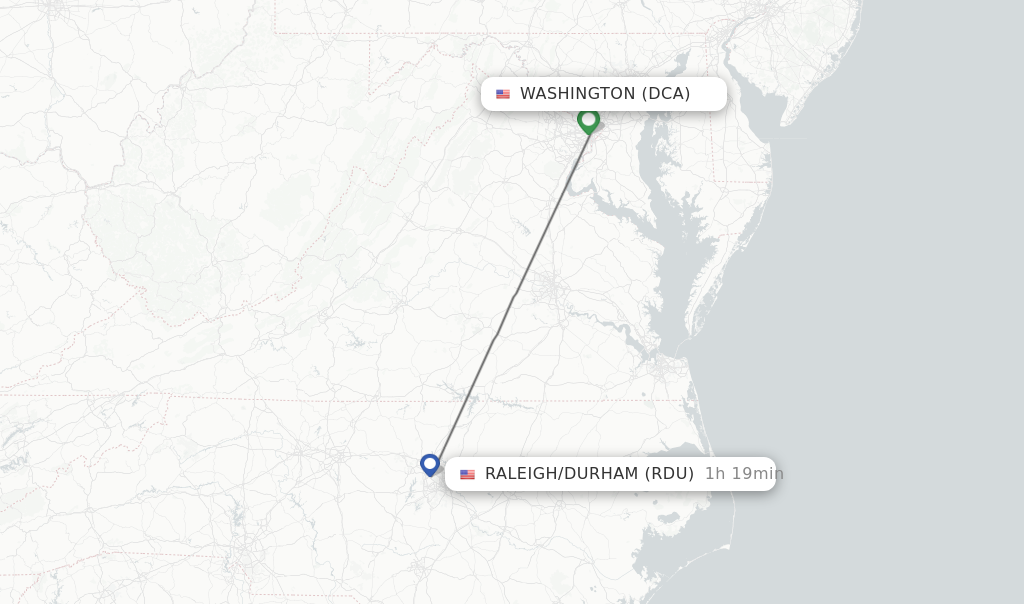 Flights from Washington to Raleigh/Durham route map