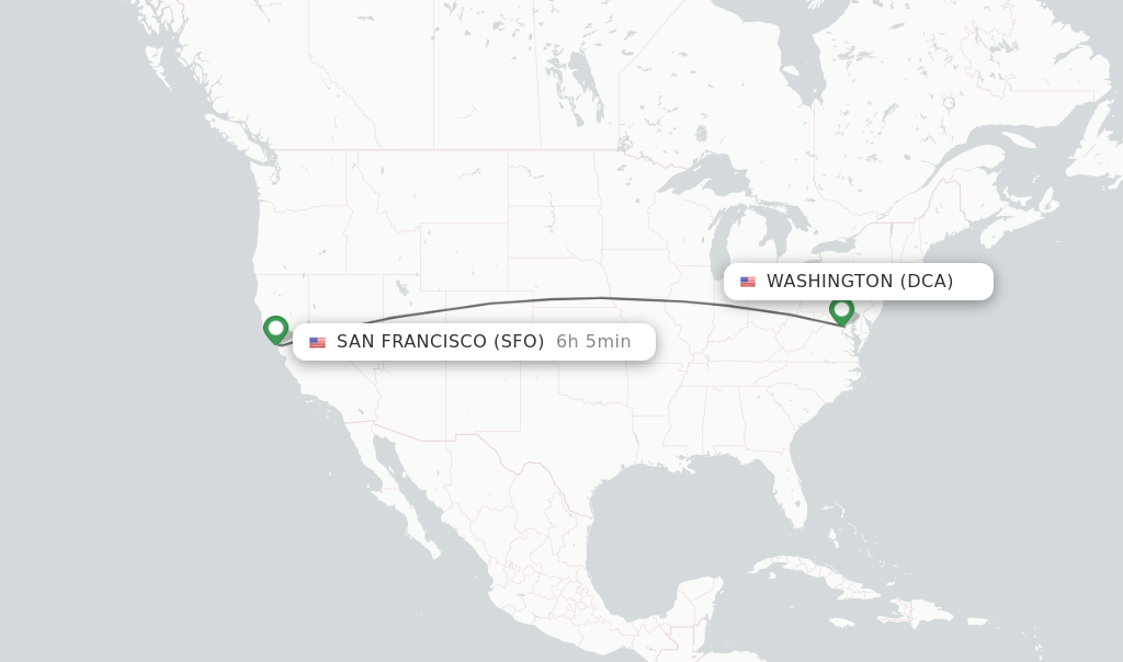 Flights from Washington to San Francisco route map