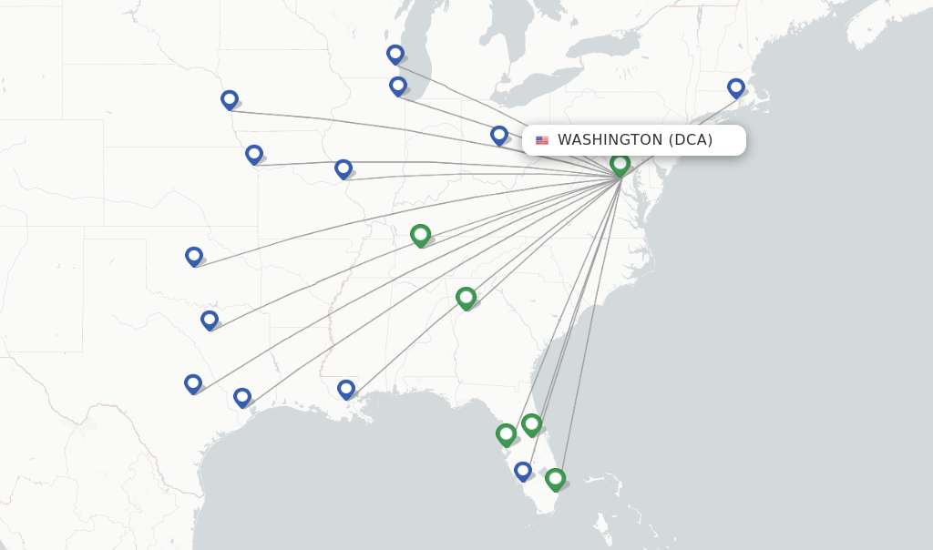 Route map with flights from Washington with Southwest