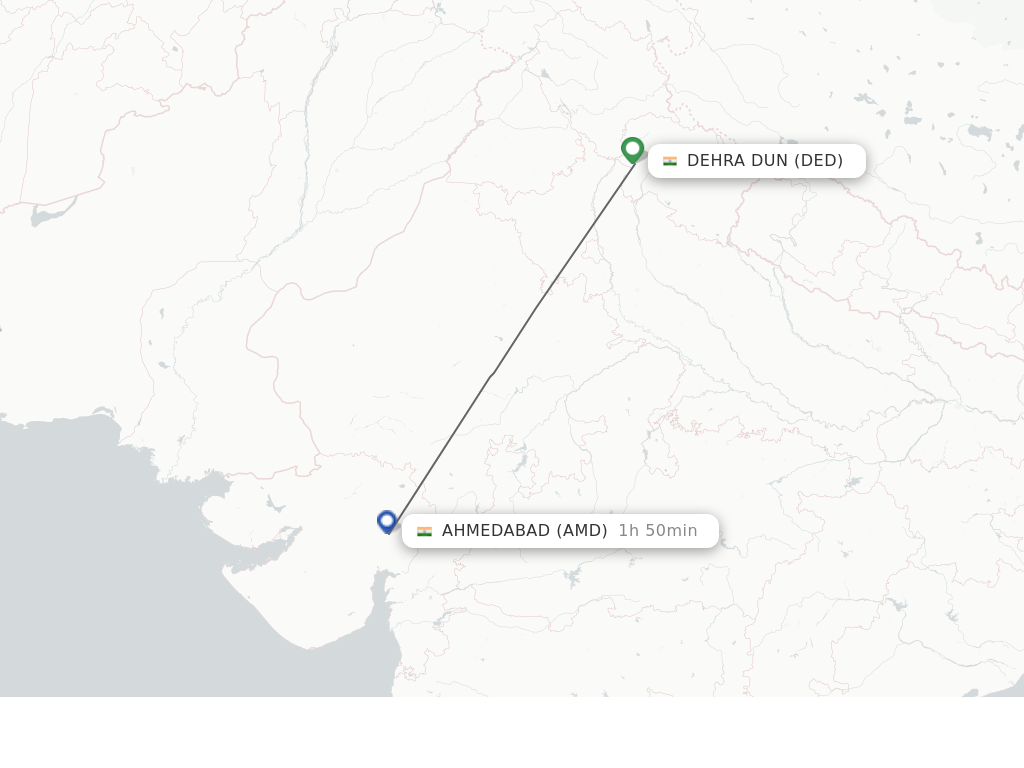 Flights from Dehra Dun to Ahmedabad route map
