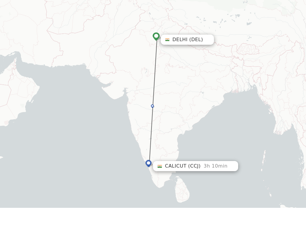 Flights from Delhi to Kozhikode route map