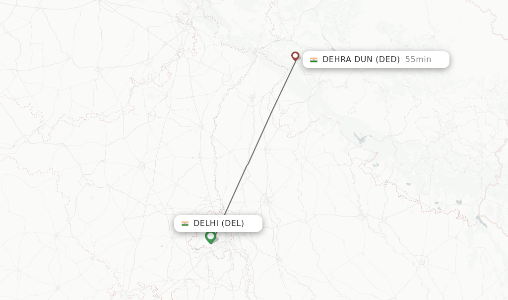 Flights from Delhi to Dehra Dun route map