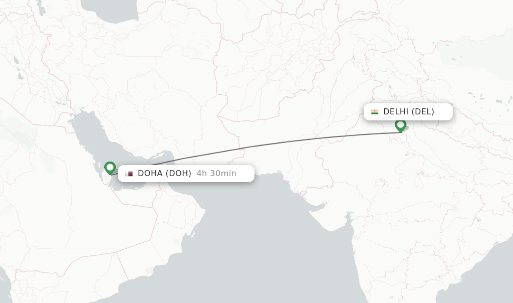 Flights from Delhi to Doha route map