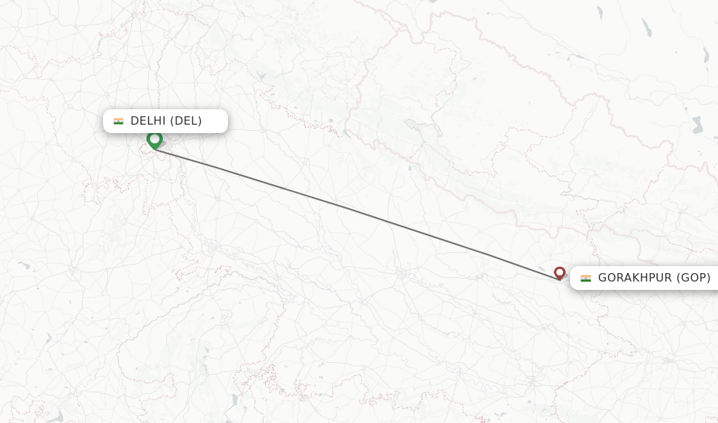 Flights from Delhi to Gorakhpur route map