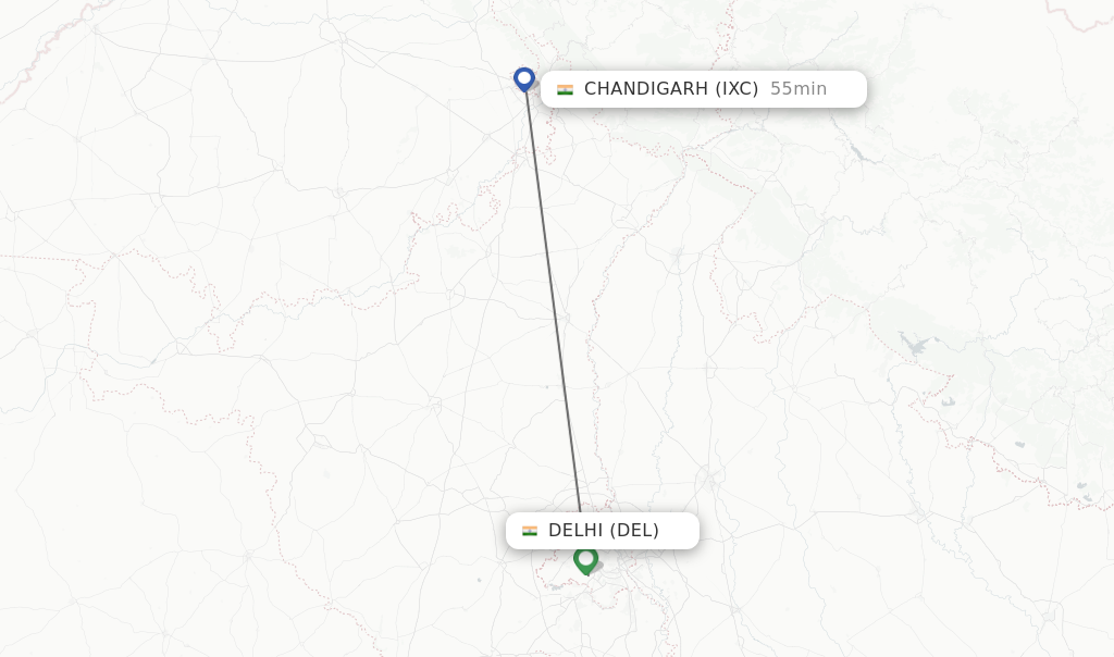 Flights from Delhi to Chandigarh route map